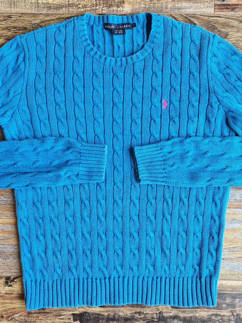 Vintage Y2K Ralph Lauren Blue Label Pony Cotton Cable Knit Crew-Neck Sweater